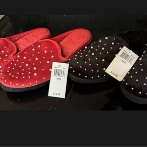 two pairs of velvet slippers with pearls .. one red one black